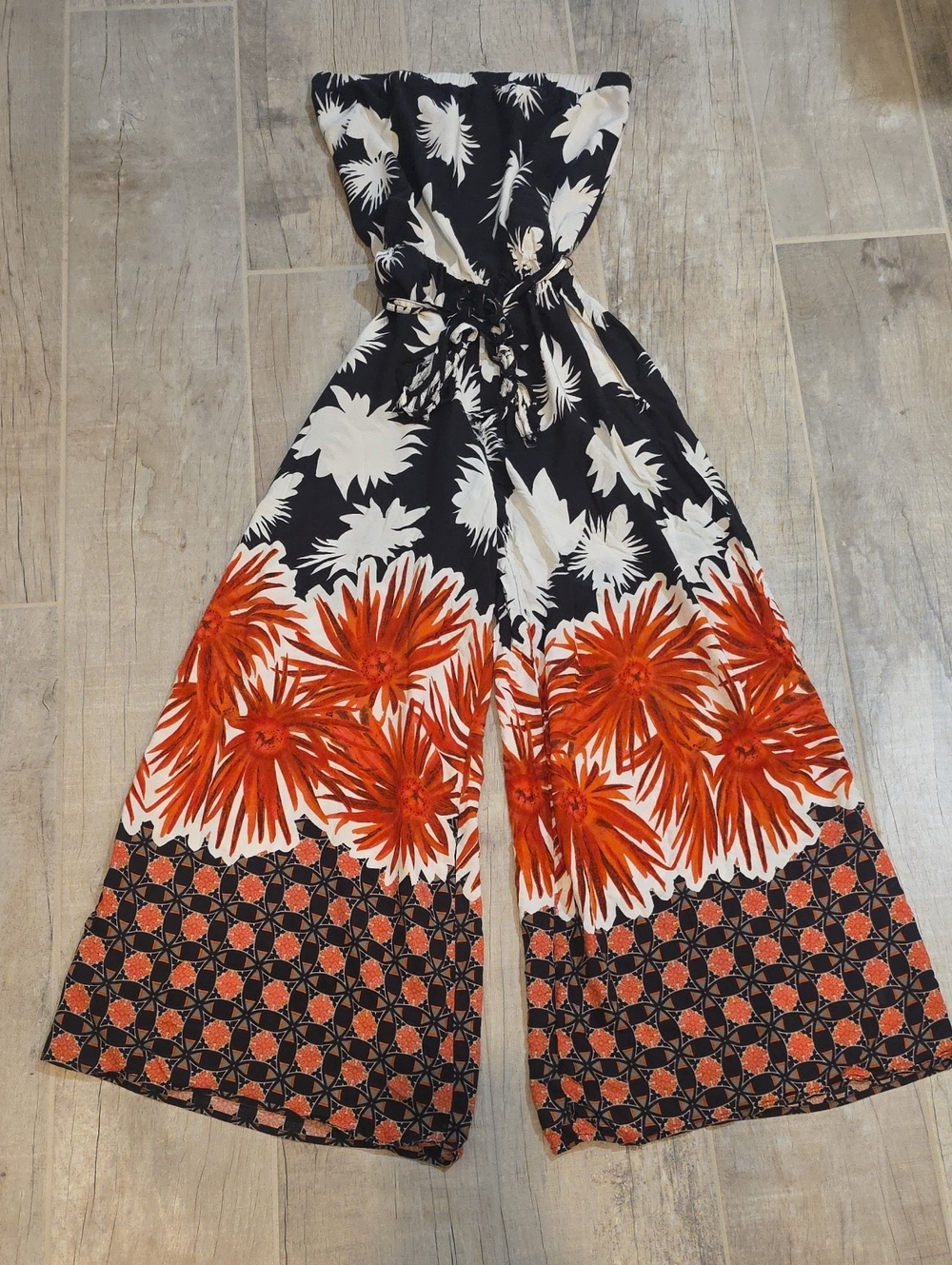 Strapless Wide-Leg Jumpsuit in Black, White & Orange - Picture 1 of 12